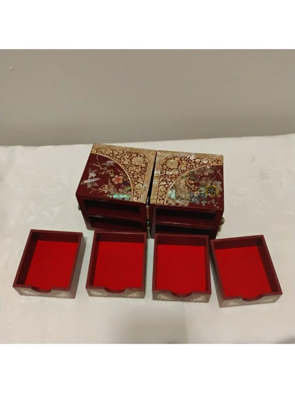 Vintage Korean Mother of Pearl Jewelry Box Red Lacquerware Folding 4 Drawer